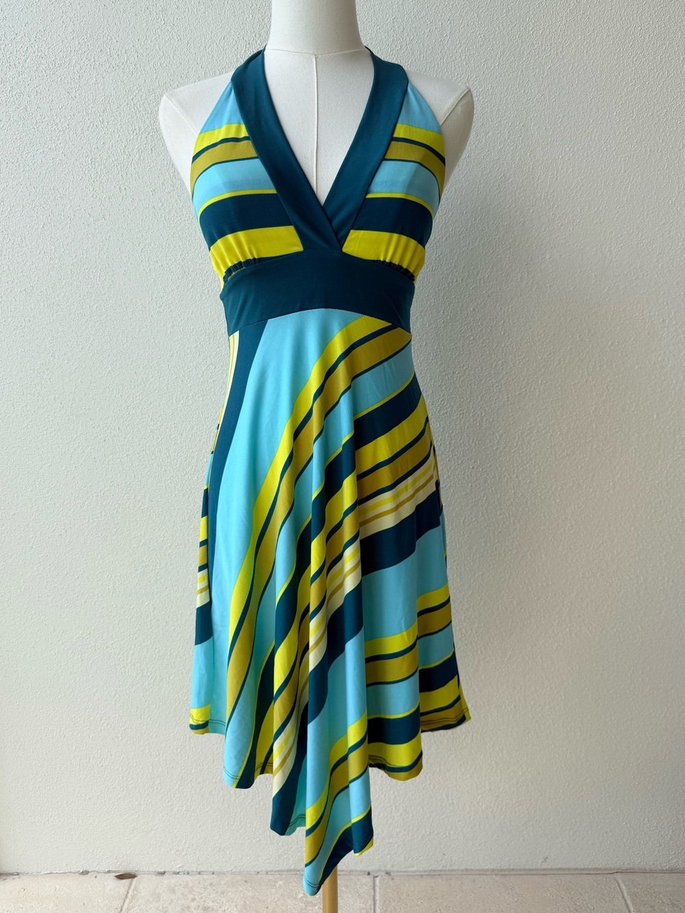 Wild Fable Teal, Yellow & Lime like new w/ asymmetrical hem, Halter Dress, XS